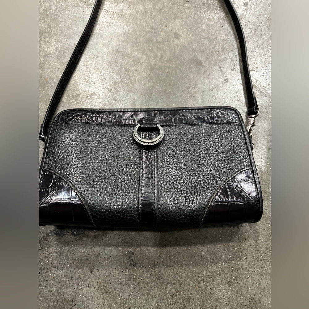 Brighton Small Petite Black Leather with Reptile Print Trim Shoulder Bag